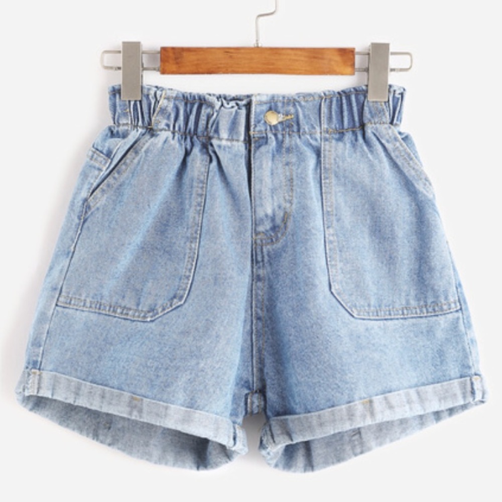 Blue Elastic Waist Rolled Hem Denim Shorts